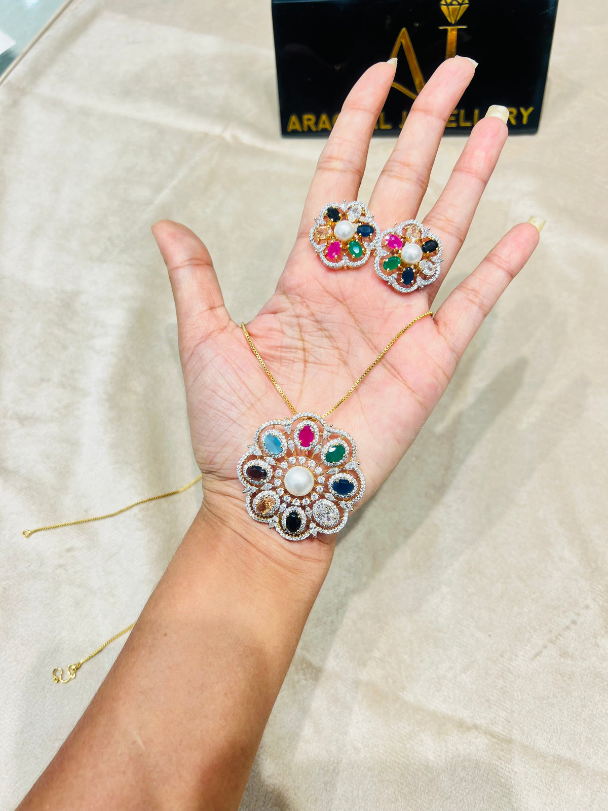 Premium quality Multicolor Navarathna pendant set with chain /hasli product code D299