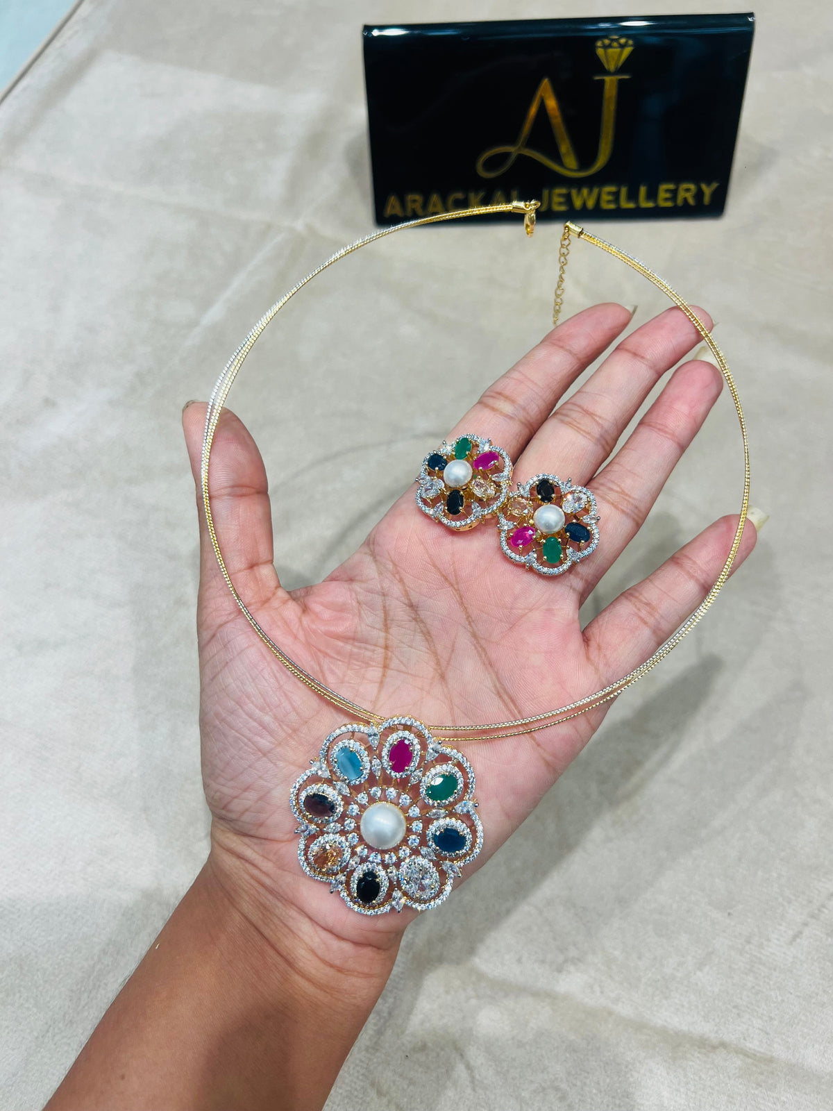 Premium quality Multicolor Navarathna pendant set with chain /hasli product code D299