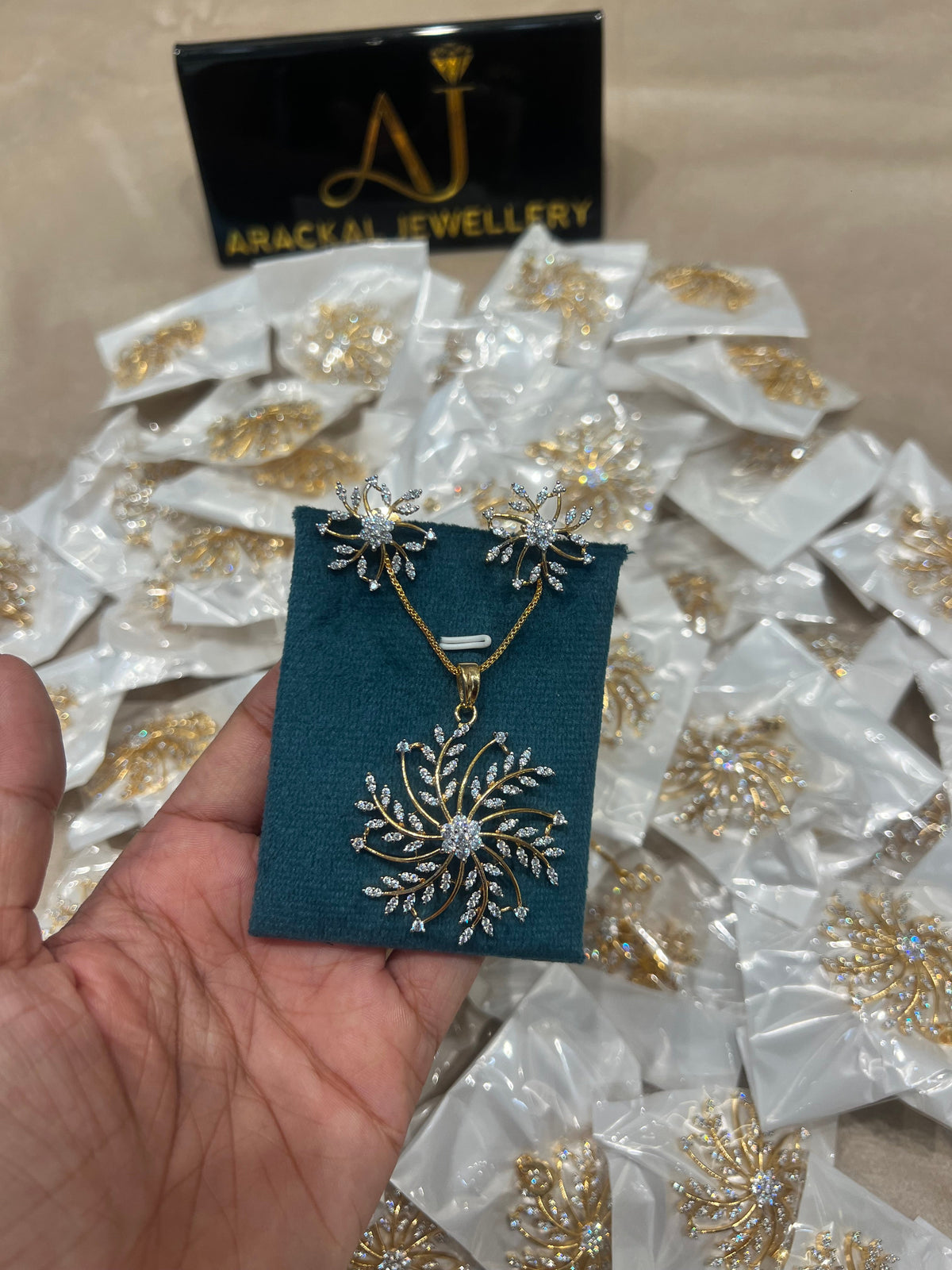 Premium diamond finish pendant earings with long chain product code D320