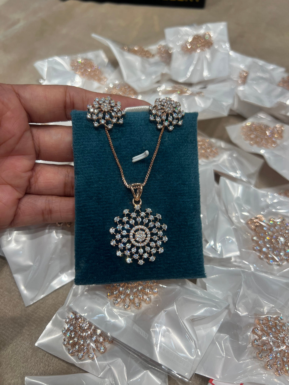 Our best seller party wear diamond replica pendant set in  rose gold chain product code N171