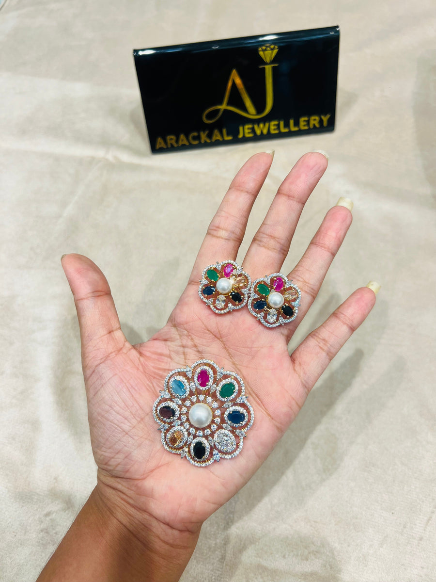 Premium quality Multicolor Navarathna pendant set with chain /hasli product code D299