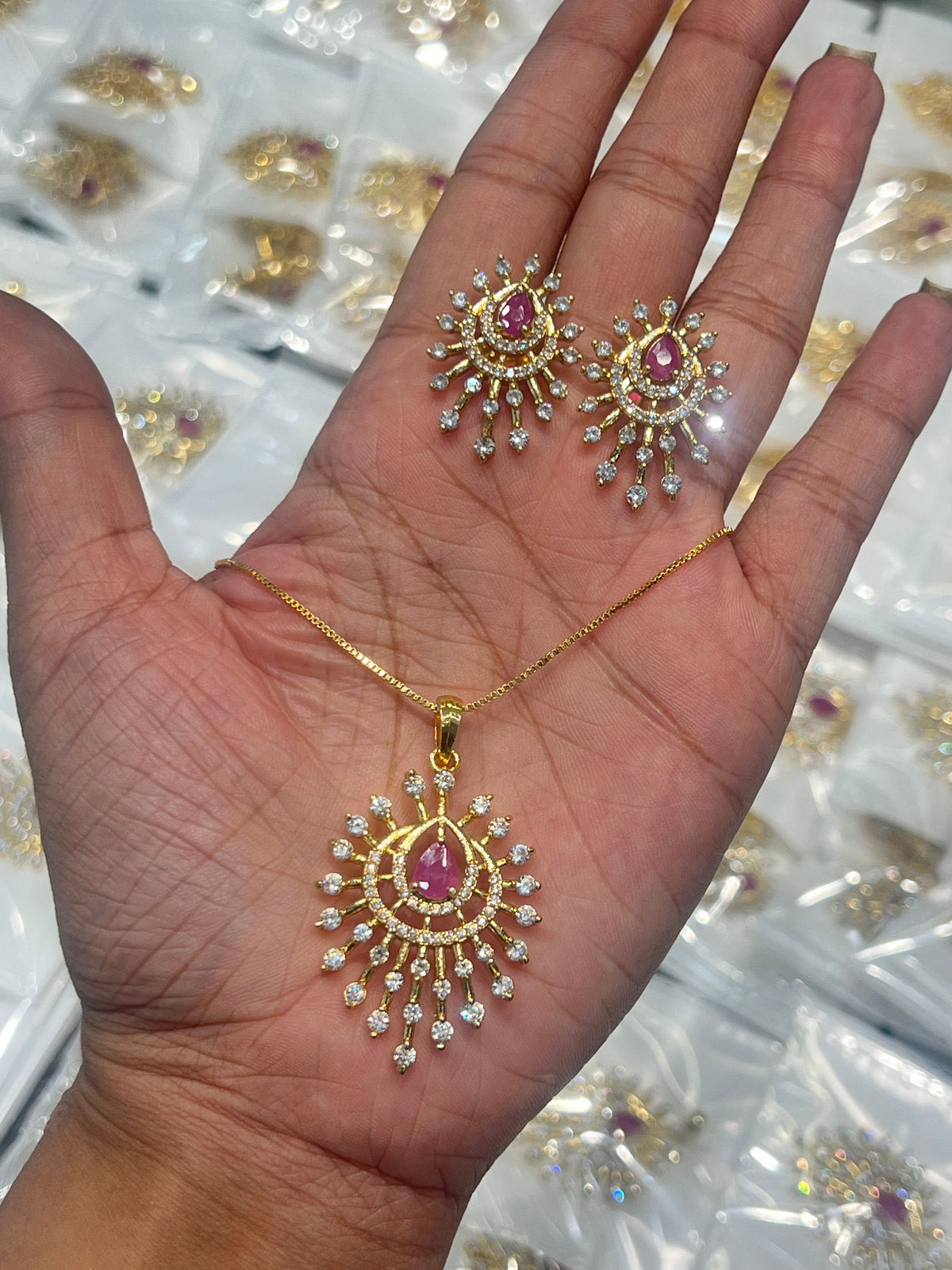 Premium quality  party wear diamond GJ polish  and gold polish pendant set with chain product code D220