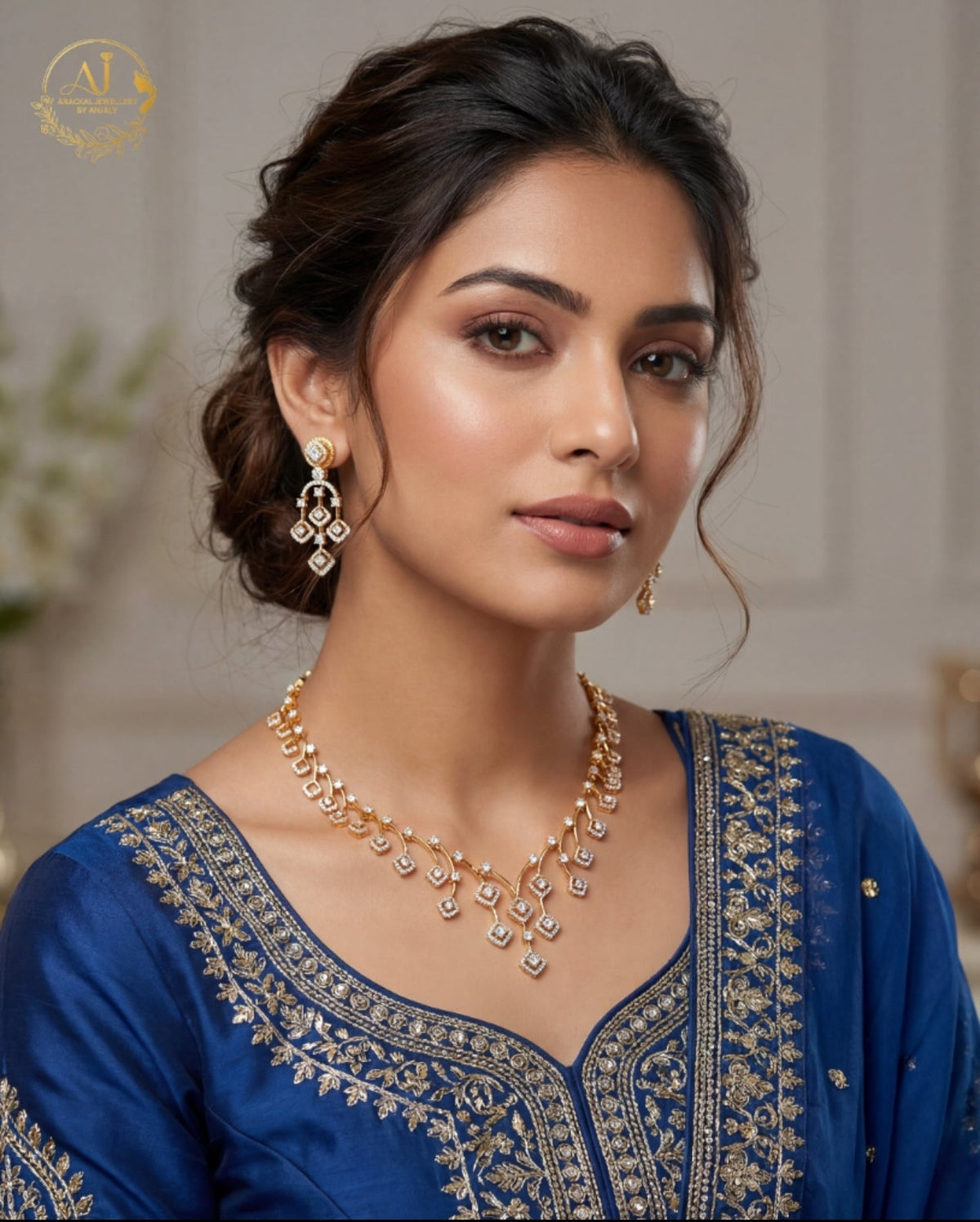 Premium diamond finish bridal necklace with back chain product code D35