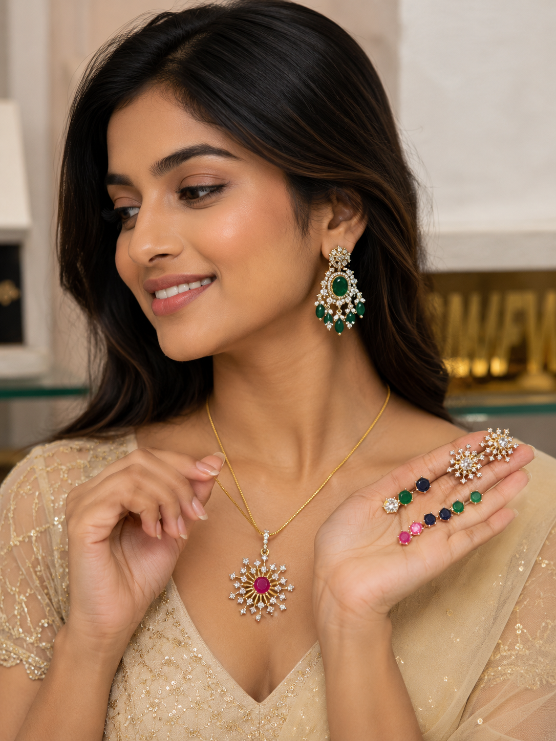 Premium repolishable diamond finish stone changeable pendant and earings set of 4 color stones with 8pidi chain product code CP4